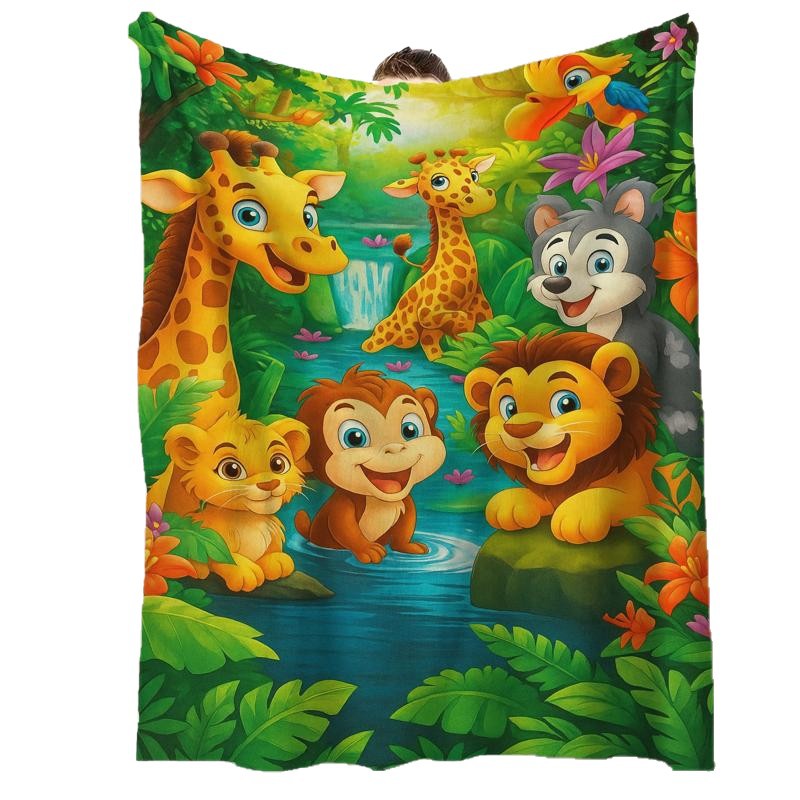 Plush Flannel Throw Blanket with Cartoon Jungle Print