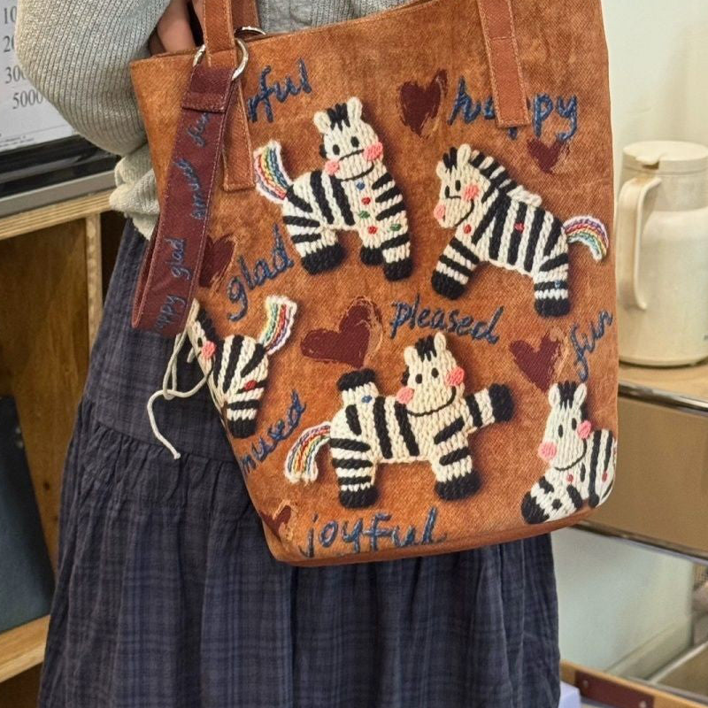 Embroidered Zebra Canvas Tote Bag
