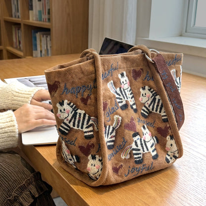 Embroidered Zebra Canvas Tote Bag