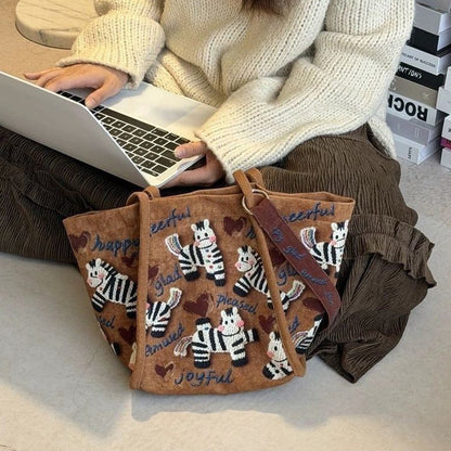Embroidered Zebra Canvas Tote Bag