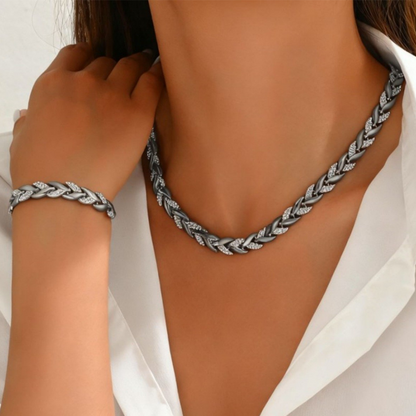 Adjustable Rhinestone Leaf Link Necklace & Bracelet Set