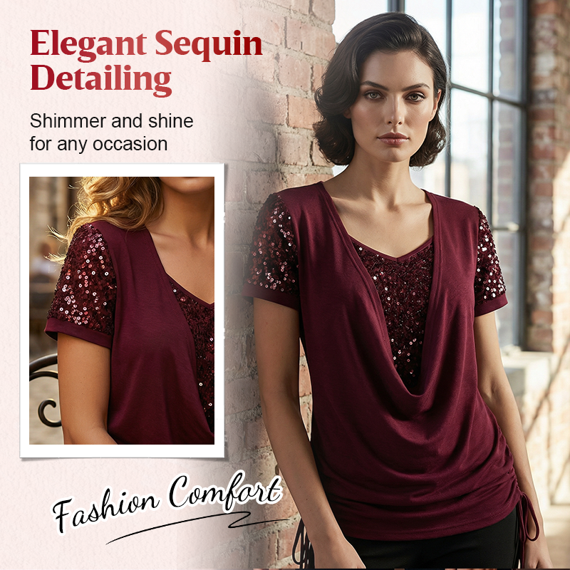 Women's Elegant Sequin Spliced Short Sleeve Top