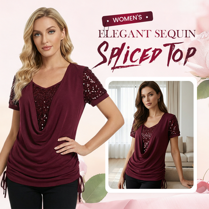 Women's Elegant Sequin Spliced Short Sleeve Top