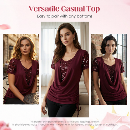 Women's Elegant Sequin Spliced Short Sleeve Top