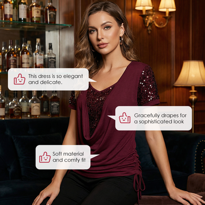 Women's Elegant Sequin Spliced Short Sleeve Top