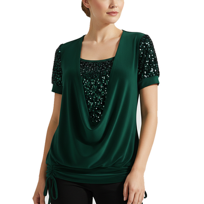 Women's Elegant Sequin Spliced Short Sleeve Top