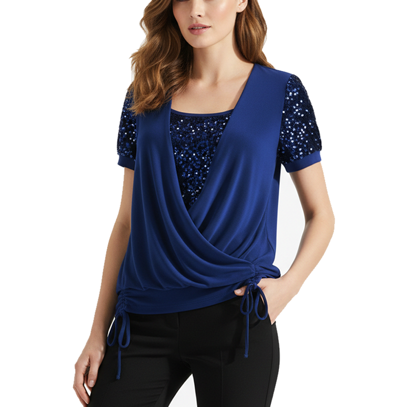 Women's Elegant Sequin Spliced Short Sleeve Top