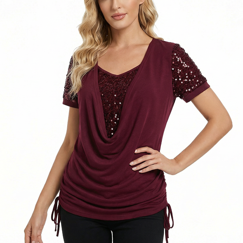 Women's Elegant Sequin Spliced Short Sleeve Top