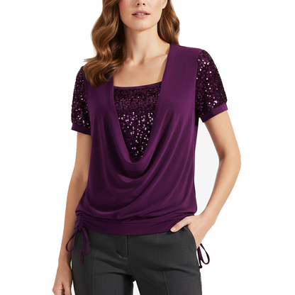 Women's Elegant Sequin Spliced Short Sleeve Top