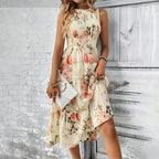 👗Women’s Sleeveless Floral Print Casual Dress – Smocked Bodice, Tiered Skirt, Midi Length ✨