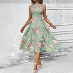 👗Women’s Sleeveless Floral Print Casual Dress – Smocked Bodice, Tiered Skirt, Midi Length ✨