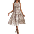 👗Women’s Sleeveless Floral Print Casual Dress – Smocked Bodice, Tiered Skirt, Midi Length ✨