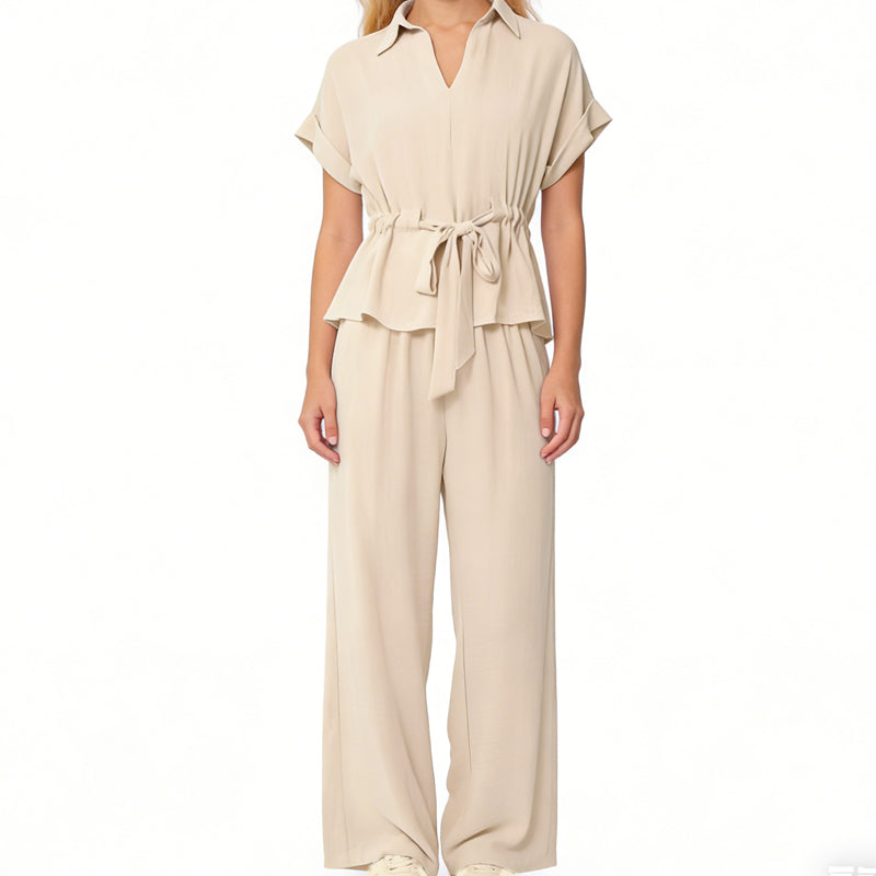 Women's Collared Drawstring Waist Top & Pants Set
