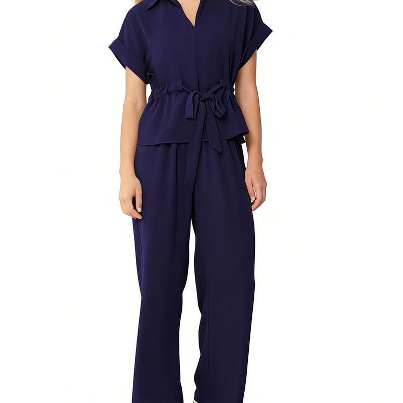 Women's Collared Drawstring Waist Top & Pants Set