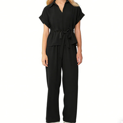 Women's Collared Drawstring Waist Top & Pants Set