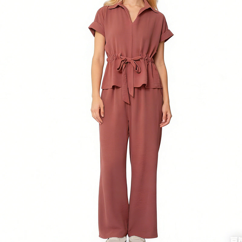 Women's Collared Drawstring Waist Top & Pants Set