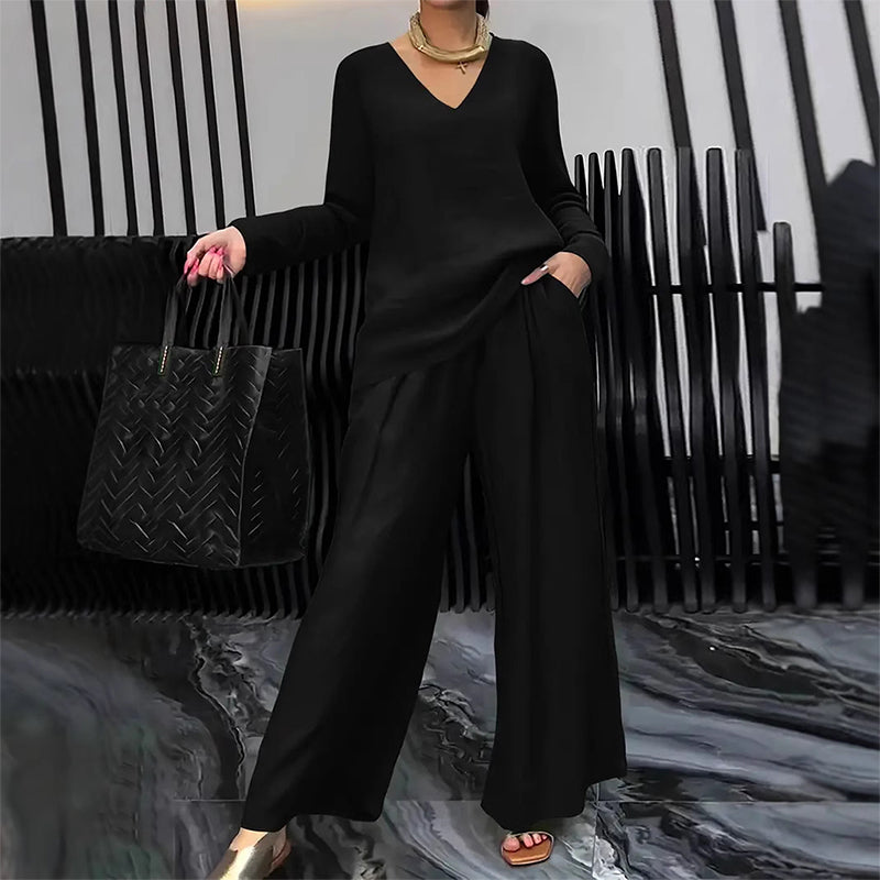 ✨ NEW! Women's V-Neck Lounge Set with Wide-Leg Pants