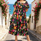 🏝️👗Floral Smocked Square Neck Midi Dress with Pockets💃