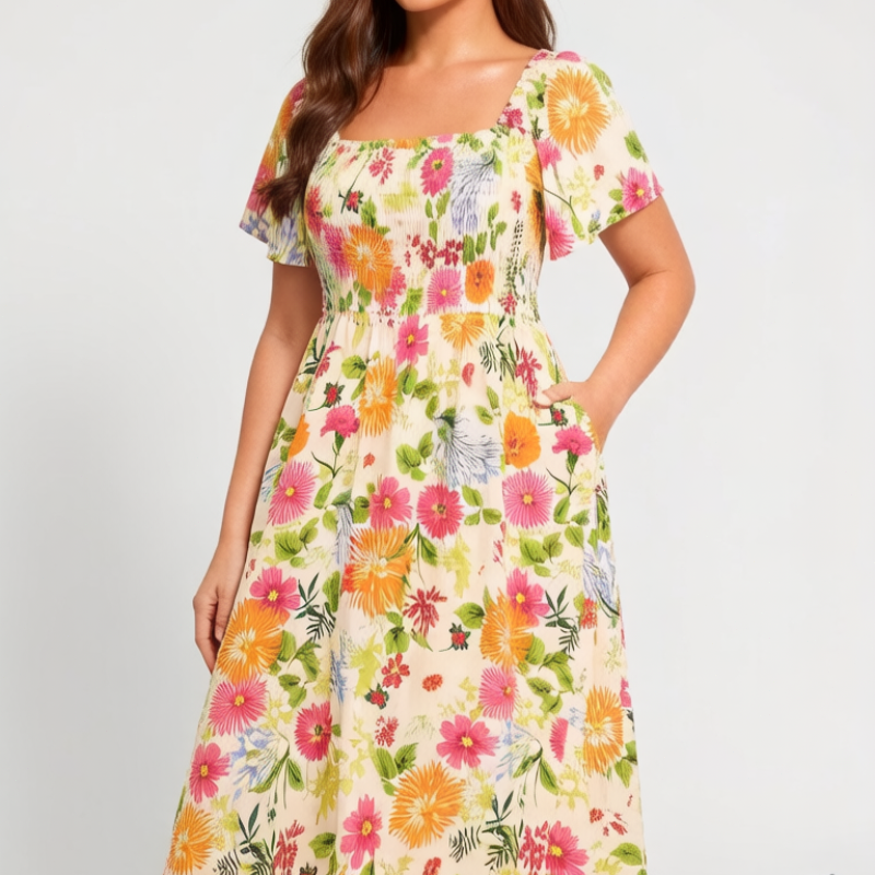 🏝️👗Floral Smocked Square Neck Midi Dress with Pockets💃