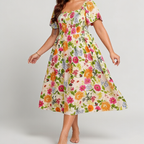 🏝️👗Floral Smocked Square Neck Midi Dress with Pockets💃