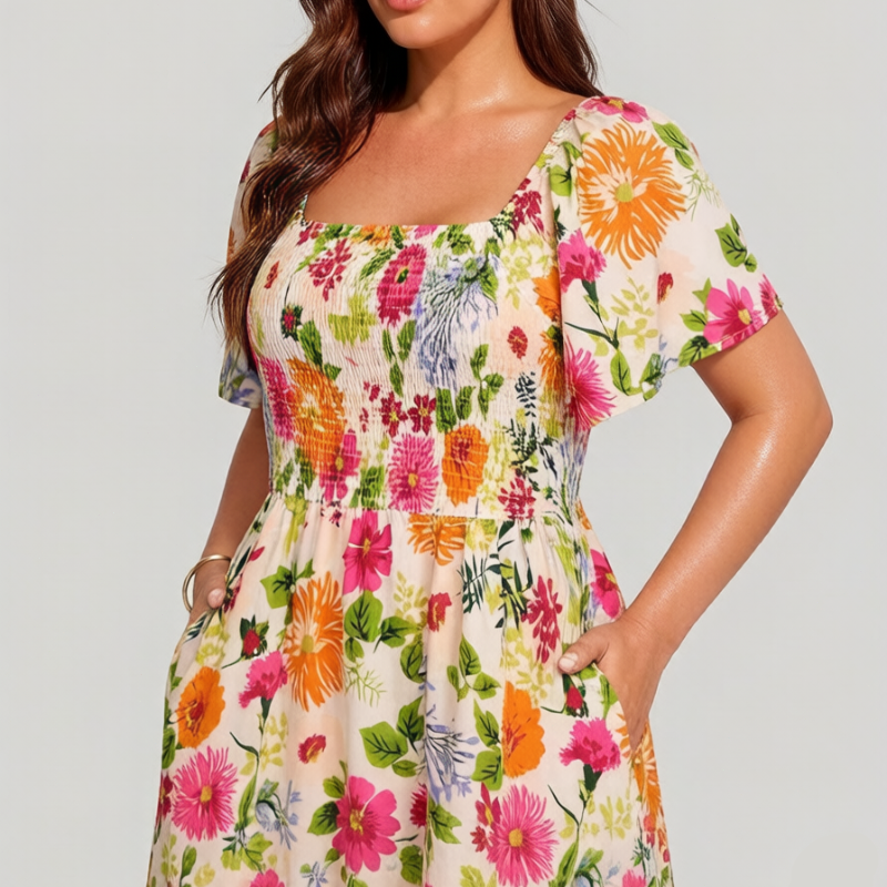 🏝️👗Floral Smocked Square Neck Midi Dress with Pockets💃