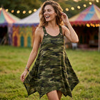👗✨ Sleeveless Camouflage Dress – Asymmetrical Hem, Edgy Style, Unique