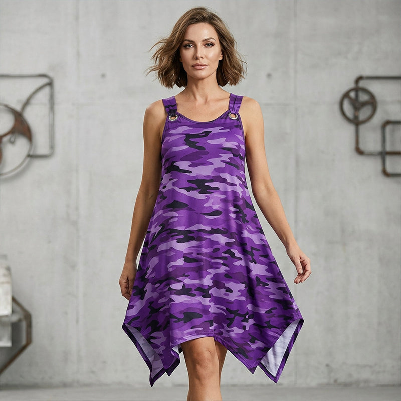 👗✨ Sleeveless Camouflage Dress – Asymmetrical Hem, Edgy Style, Unique