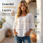 🌸 Elegant Square Neck Summer Blouse – Boho Lace, Bell Sleeves, Tiered Flow ✨