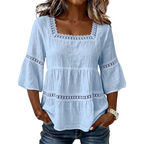 🌸 Elegant Square Neck Summer Blouse – Boho Lace, Bell Sleeves, Tiered Flow ✨