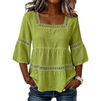 🌸 Elegant Square Neck Summer Blouse – Boho Lace, Bell Sleeves, Tiered Flow ✨