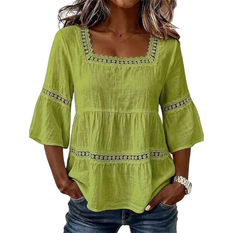 🌸 Elegant Square Neck Summer Blouse – Boho Lace, Bell Sleeves, Tiered Flow ✨
