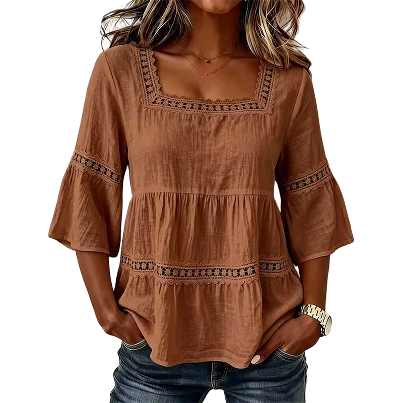 🌸 Elegant Square Neck Summer Blouse – Boho Lace, Bell Sleeves, Tiered Flow ✨