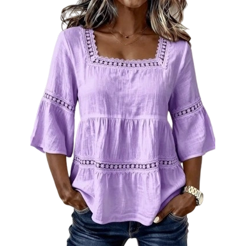 🌸 Elegant Square Neck Summer Blouse – Boho Lace, Bell Sleeves, Tiered Flow ✨