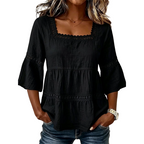 🌸 Elegant Square Neck Summer Blouse – Boho Lace, Bell Sleeves, Tiered Flow ✨