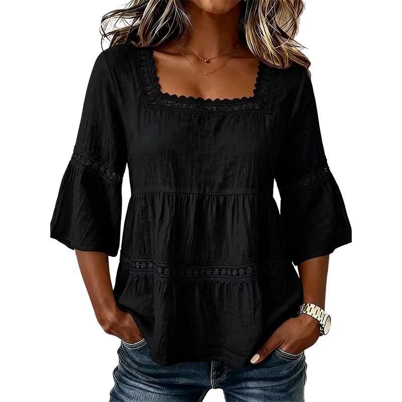 🌸 Elegant Square Neck Summer Blouse – Boho Lace, Bell Sleeves, Tiered Flow ✨