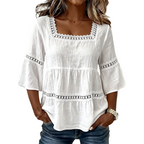 🌸 Elegant Square Neck Summer Blouse – Boho Lace, Bell Sleeves, Tiered Flow ✨