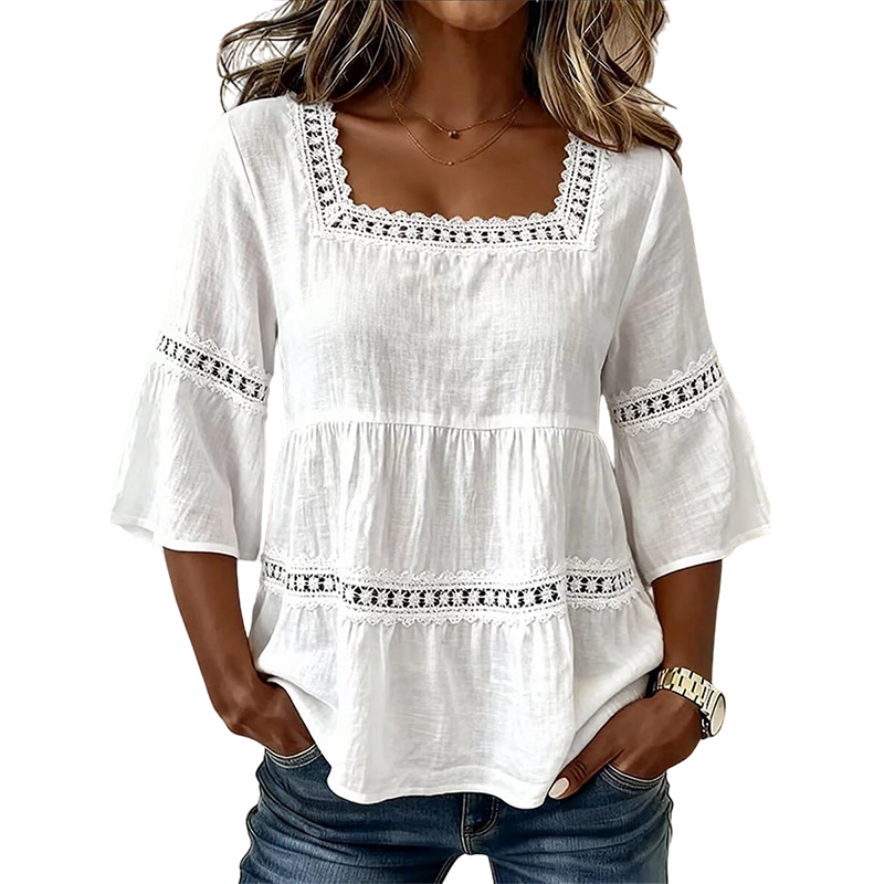 🌸 Elegant Square Neck Summer Blouse – Boho Lace, Bell Sleeves, Tiered Flow ✨