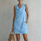 👗 Elegant Slim Fit Cowl Neck Dress – Sleeveless, Side Pockets, Versatile ✨