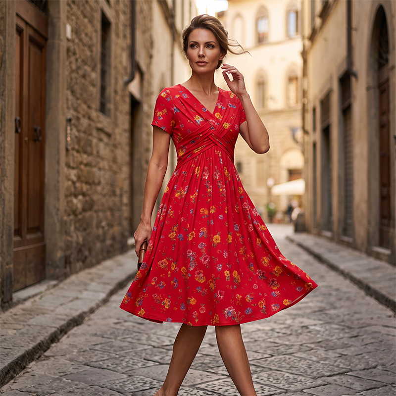 ✨Women's V-Neck Floral Print Dress with Twist Waist